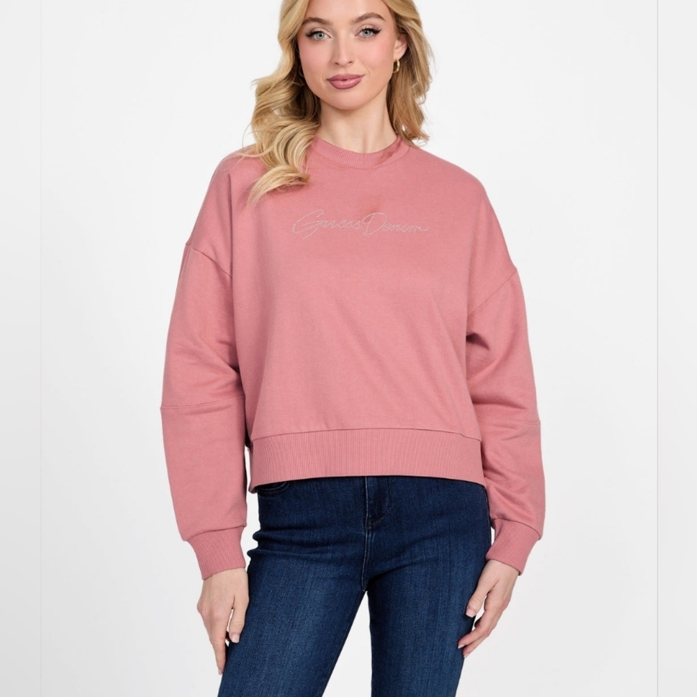 GUESS Los Angeles Mauve Pink Cropped Crewneck Logo Sweatshirt Pullover Size L